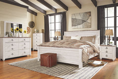 Two-tone finish in white wash replicated worn through paint with authentic touch and a replicated wood grained block pattern with authentic touch. Large scaled shapely bedroom collection features bun feet. Ring pull hardware in an antique brass color, acc