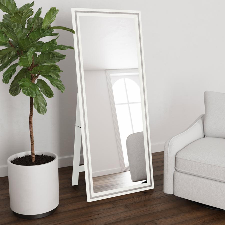 Dress up a dressing area or seating group with the glamour of a modern floor mirror. The full length design features a decorative frame complete with a support leg or its freestanding, perfect for defining an open living space or offering dimension elsewh