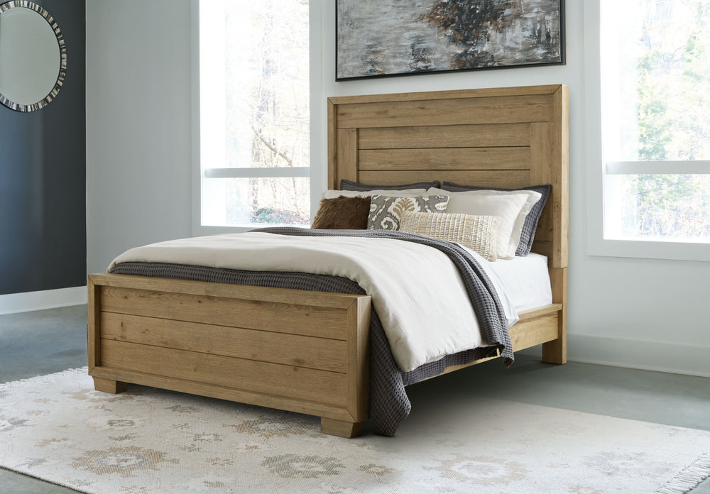 This queen panel bed expertly refines the raw beauty of wood, bringing a rustic vibe to urban contemporary design. Natural details on the wood, unique to each piece, create an organically beautiful feel in your bedroom. And the stunning simplicity of the 