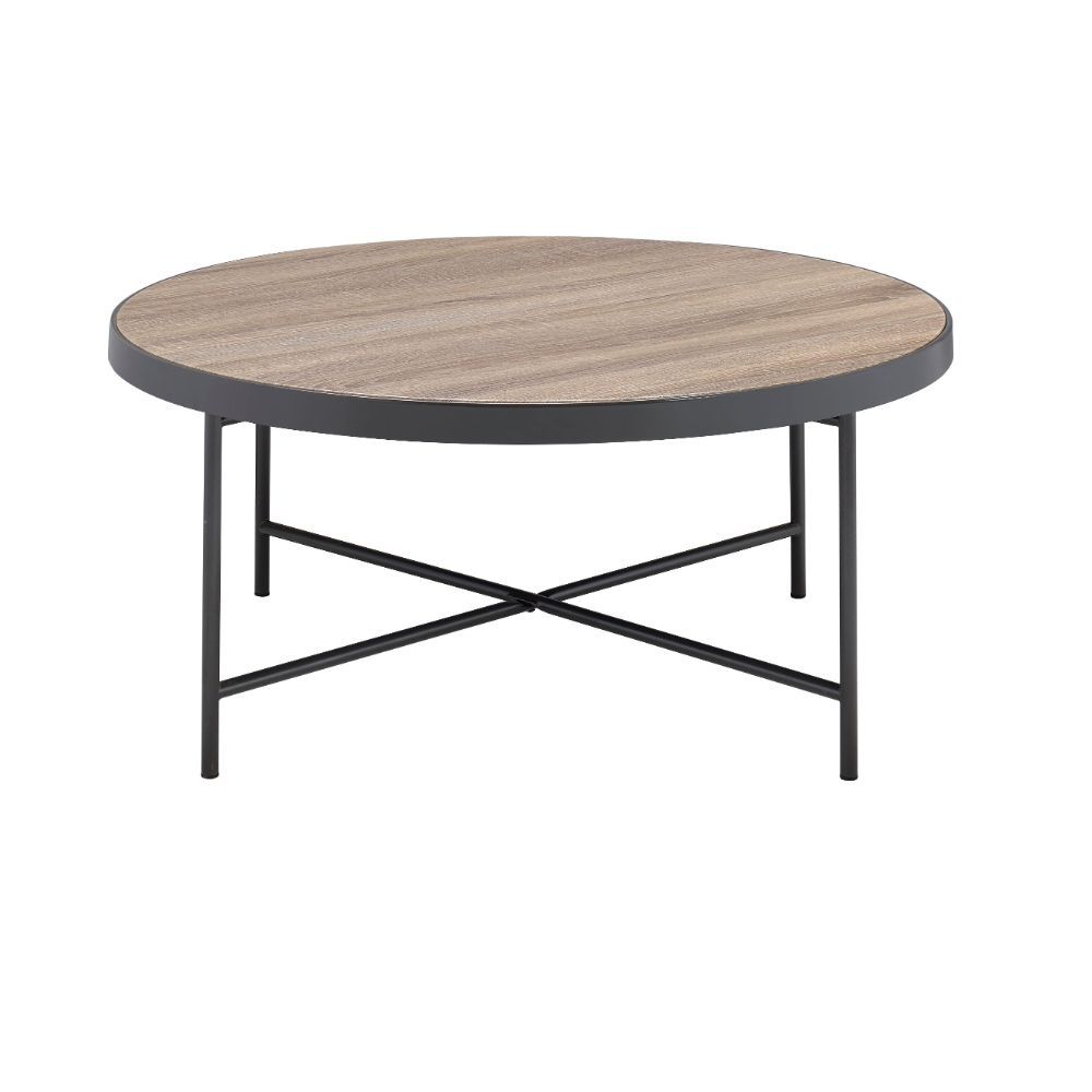 The Bage occasional collection express your hipness with stylish industrial inspired design, its 32-inch round Weathered Gray top is the perfect size for any living room space. Its banded edge gives it a solid look setting on the dark metal legs and cross