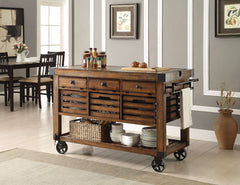 The Kaif kitchen cart with durable construction of wood and metal in a unique distress chestnut finish will become a stylish and function centerpiece of your home. The kitchen cart rests on casters, allowing you to move it easily. The storage space includ
