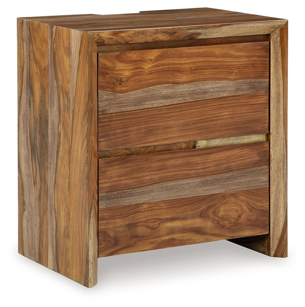 Discover something extraordinary with this clean-lined nightstand. The rich natural beauty of the wood, enhanced with a clear wood-tone finish, brings an organically stunning vibe to your bedroom. Strikingly simple drawers lend a hand with conquering clut