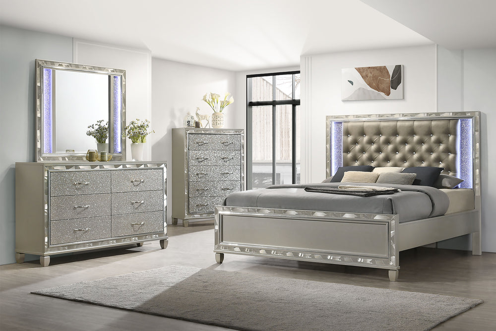 Discover the Radiance Queen 4 Piece Bedroom Set in Platinum Silver, meticulously crafted to offer unparalleled stability and durability from a combination of Solid Rubberwood and manufactured woods. Its semi-gloss lacquer Platinum Silver finish lends a si