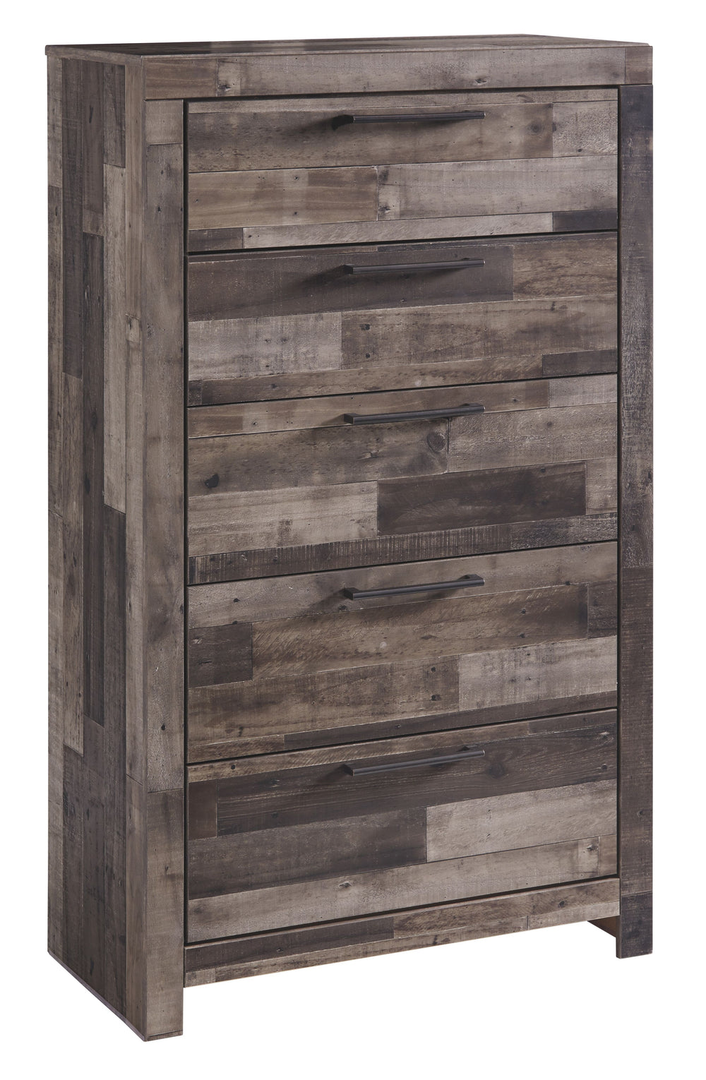 Modern yet hefty. This chest of drawers makes an urban eclectic statement. Seasoned raw wood look merges with the clean lined design we love today. Muted rustic finish over replicated pine grain maintains its authenticity. Roomy drawers are flanked with a
