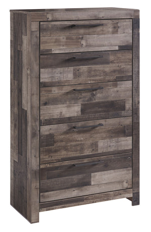 Modern yet hefty. This chest of drawers makes an urban eclectic statement. Seasoned raw wood look merges with the clean lined design we love today. Muted rustic finish over replicated pine grain maintains its authenticity. Roomy drawers are flanked with a