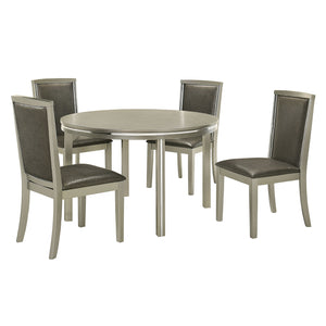 Elevate your dining experience with the Lumina 5 Piece Dining Set. The round table and 4 chairs are crafted with solid Rubberwood and manufactured wood, creating a set that is built to last while exuding a glamorous charm with its high gloss gray finish. 