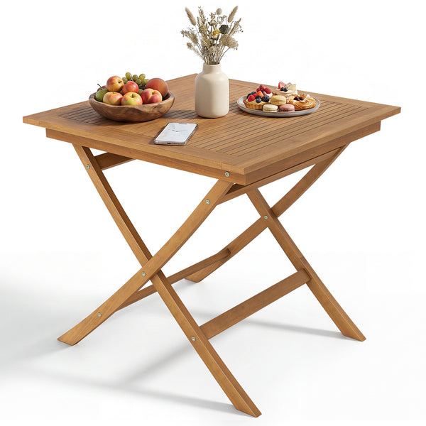 Natural teak elegance for warm tone and high stability<br>The tabletop maintains a smooth touch with splinter-free surface<br>The 32" square tabletop ensures intimate dining for 4 people<br>A stable X-brace frame is engineered for maximum rigidity to redu