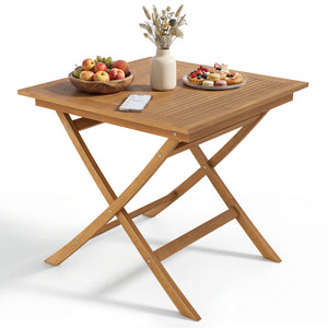 Natural teak elegance for warm tone and high stability<br>The tabletop maintains a smooth touch with splinter-free surface<br>The 32" square tabletop ensures intimate dining for 4 people<br>A stable X-brace frame is engineered for maximum rigidity to redu