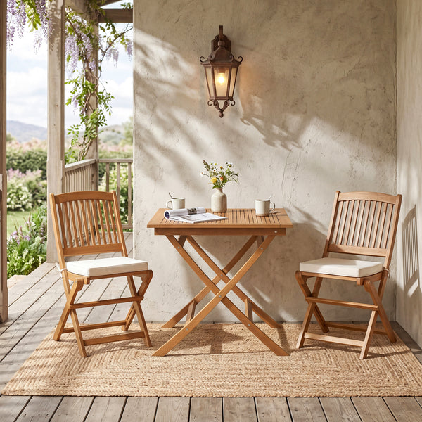Natural teak elegance for warm tone and high stability<br>The tabletop maintains a smooth touch with splinter-free surface<br>The 32" square tabletop ensures intimate dining for 4 people<br>A stable X-brace frame is engineered for maximum rigidity to redu
