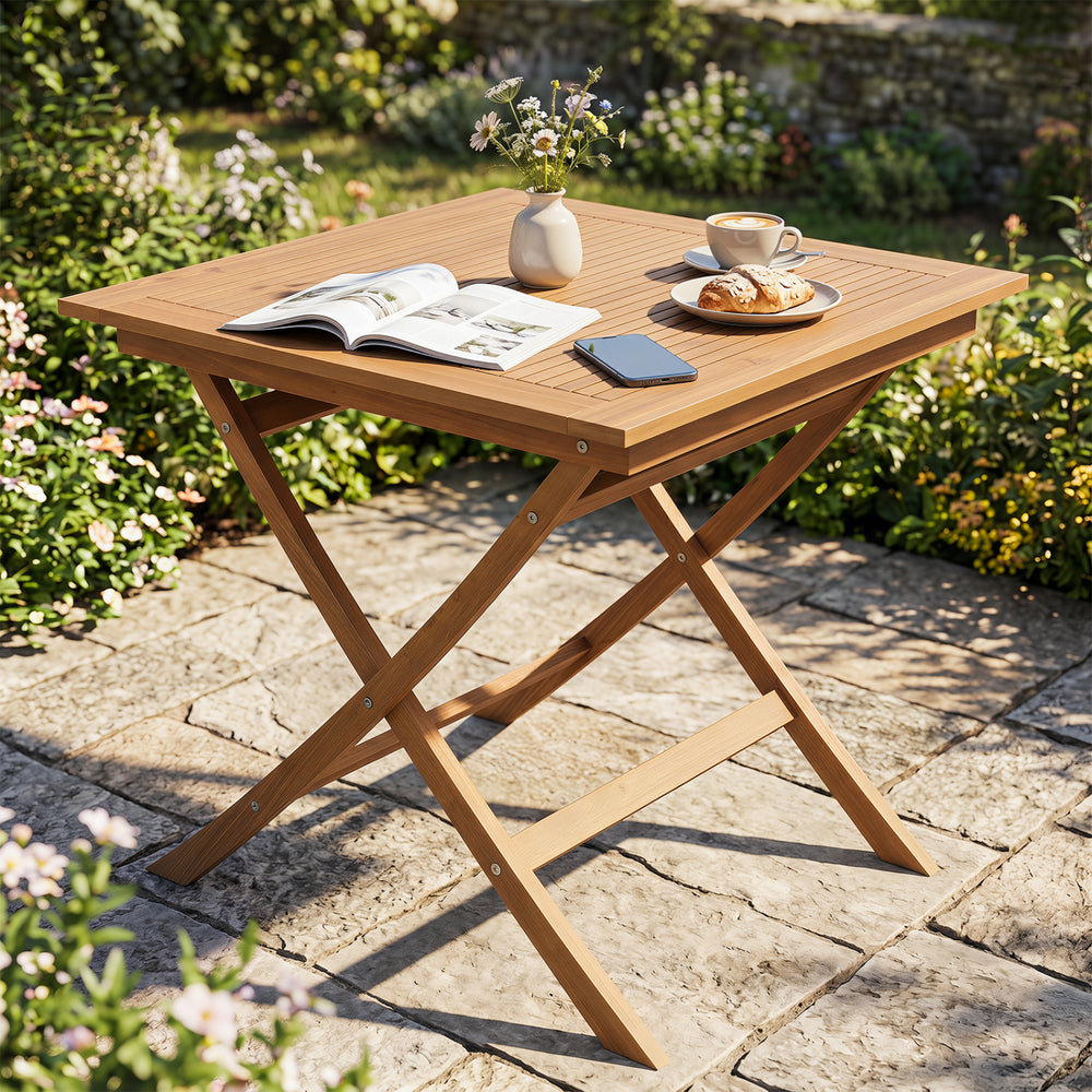 Natural teak elegance for warm tone and high stability<br>The tabletop maintains a smooth touch with splinter-free surface<br>The 32" square tabletop ensures intimate dining for 4 people<br>A stable X-brace frame is engineered for maximum rigidity to redu
