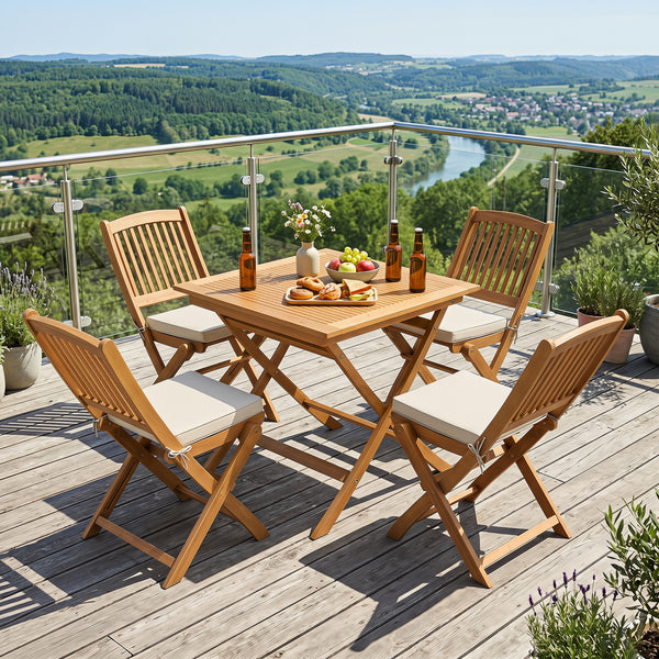 Natural teak elegance for warm tone and high stability<br>The tabletop maintains a smooth touch with splinter-free surface<br>The 32" square tabletop ensures intimate dining for 4 people<br>A stable X-brace frame is engineered for maximum rigidity to redu