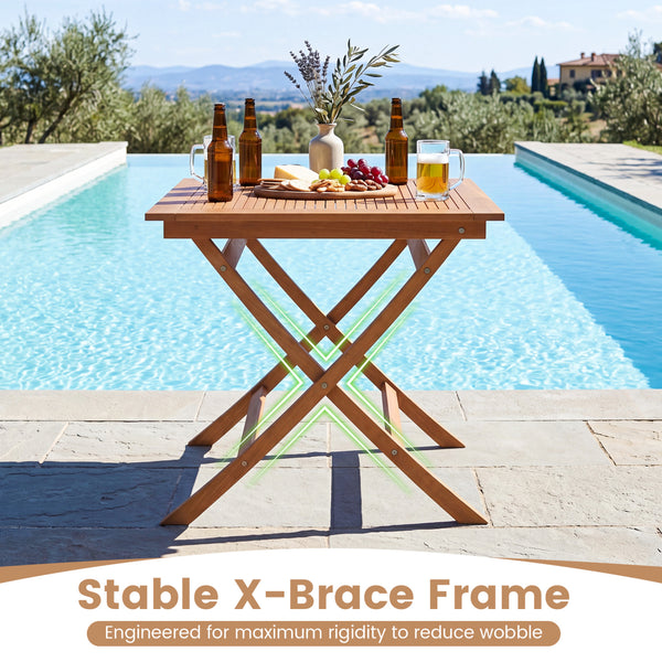 Natural teak elegance for warm tone and high stability<br>The tabletop maintains a smooth touch with splinter-free surface<br>The 32" square tabletop ensures intimate dining for 4 people<br>A stable X-brace frame is engineered for maximum rigidity to redu