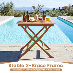 Natural teak elegance for warm tone and high stability<br>The tabletop maintains a smooth touch with splinter-free surface<br>The 32" square tabletop ensures intimate dining for 4 people<br>A stable X-brace frame is engineered for maximum rigidity to redu