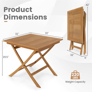 Natural teak elegance for warm tone and high stability<br>The tabletop maintains a smooth touch with splinter-free surface<br>The 32" square tabletop ensures intimate dining for 4 people<br>A stable X-brace frame is engineered for maximum rigidity to redu
