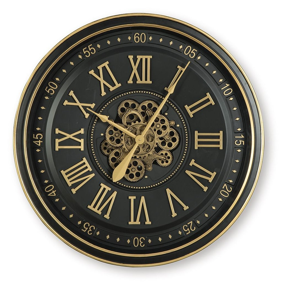 This striking wall clock is a beautiful blend of classic style and industrial charm. A black finish and goldtone Roman numerals add a touch of sophistication, while exposed moving gears create a captivating focal point. Talk about timeless style.<br/><br/