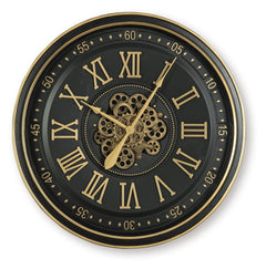 This striking wall clock is a beautiful blend of classic style and industrial charm. A black finish and goldtone Roman numerals add a touch of sophistication, while exposed moving gears create a captivating focal point. Talk about timeless style.<br/><br/