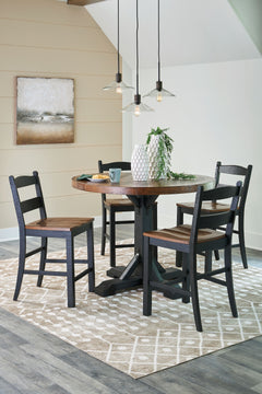 This set serves up the best in cottage styling. A charming choice, its two-tone finish is versatile enough for many casual aesthetics. Round counter height table features a sturdy post and bracket base design in a rustic black finish with a thick 48-" rou