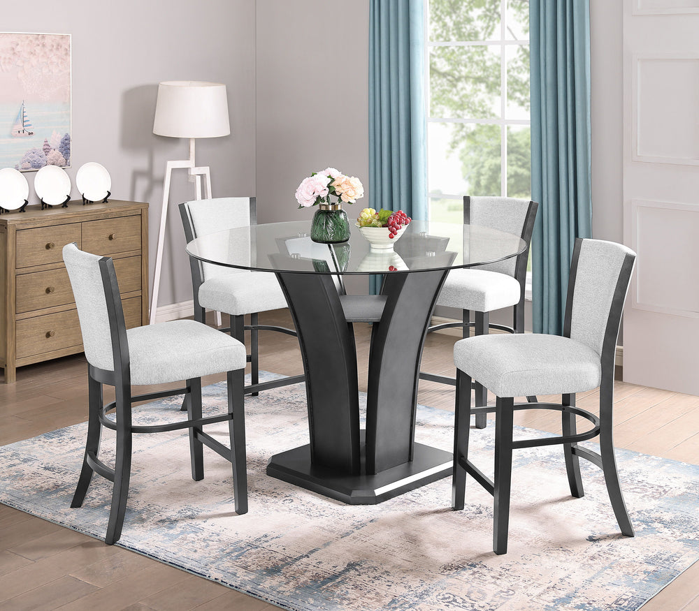 This sleek and modern counter height dining group bridges form and function. The sculptural dining table has a sturdy base and the glass top allows views of the upholstered open shelf. Streamlined chairs feature pewter finished wood and dove gray upholste