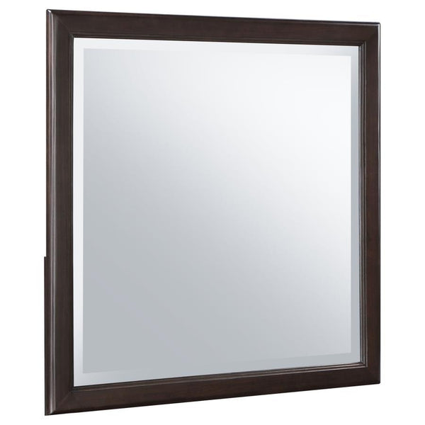 Put finishing touches on your elegant bedroom with a framed dresser mirror. The modern piece complements your dresser perfectly, adding brightness and reflectivity to accent an open bedroom space. Its dark brown finish frame is sleek and simple, adding th