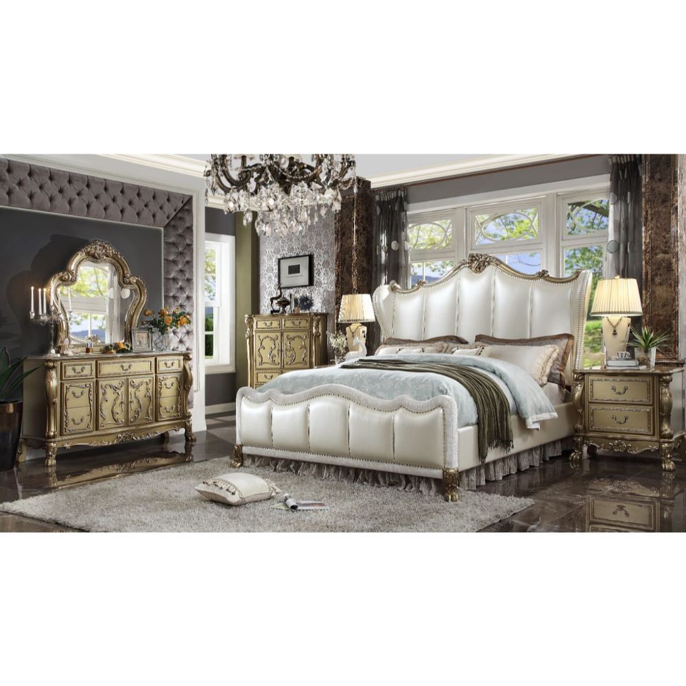 The Dresden II bedroom collection is exclusively designed and filled with romantic spirit. A piece crafted and inspired by the luxurious designs of the past, this gorgeous bed features a stunning champagne PU headboard and footboard with nail head trim an