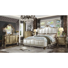 The Dresden II bedroom collection is exclusively designed and filled with romantic spirit. A piece crafted and inspired by the luxurious designs of the past, this gorgeous bed features a stunning champagne PU headboard and footboard with nail head trim an