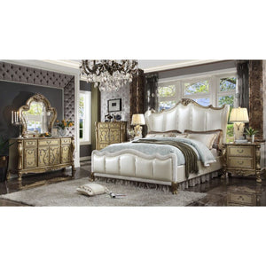 The Dresden II bedroom collection is exclusively designed and filled with romantic spirit. A piece crafted and inspired by the luxurious designs of the past, this gorgeous bed features a stunning champagne PU headboard and footboard with nail head trim an