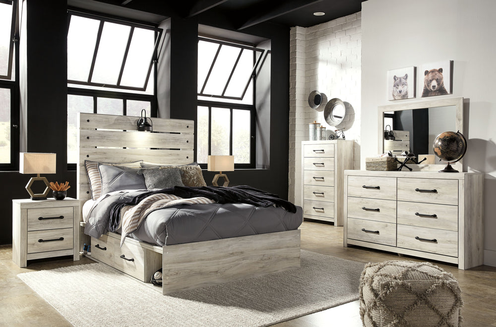 Cambeck - 8 Pc. - Dresser, Mirror, Full Panel Bed with Side Storage Drawers, 2 Nightstands - Whitewash