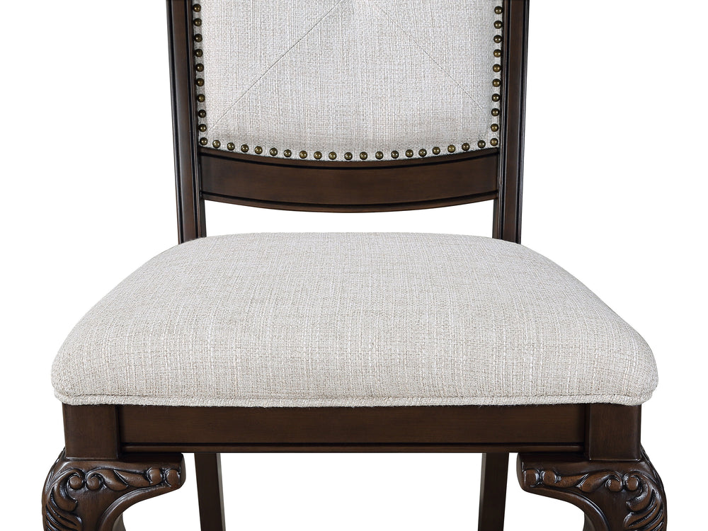 Elevate your dining experience with this exquisite and elegantly crafted set, designed to bring timeless sophistication to your home. The grand rectangular table features a rich, dark finish and intricately carved double pedestal base, making it the perfe