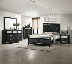 Unveil the epitome of elegance with this captivating bedroom ensemble, meticulously designed for those who covet glamor and grace in their private quarters. The bed, with its lustrous, tufted headboard, radiates luxury, while the shimmering accents frame 