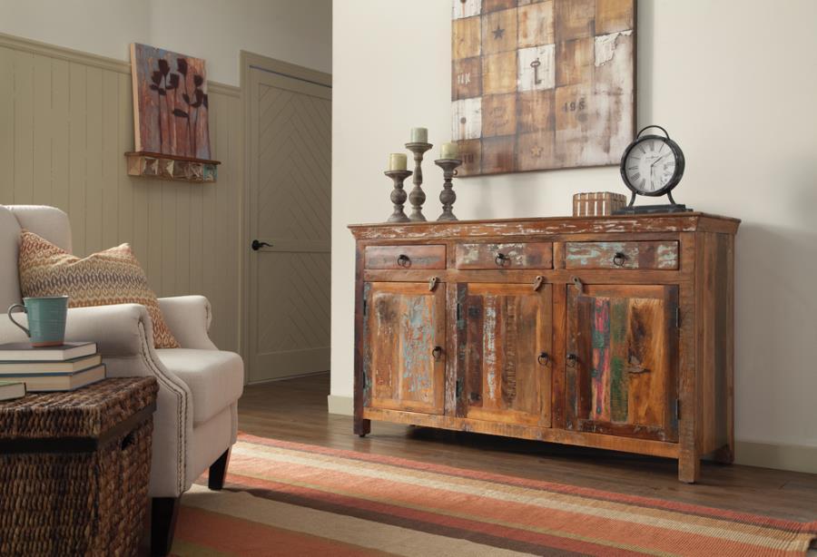 This majestic accent cabinet adds an artistic splendor to the home. It-'s handcrafted with beautiful reclaimed wood material that stands up to years of use. Acacia and teak wood combine together for a charming mix of dark and light brown colors. Three spa