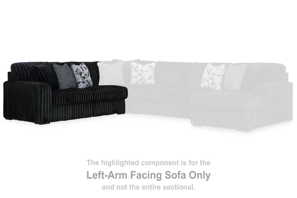 This left-arm facing sofa is made with polyester upholstery. Pairs with other items in the series to make a sectional.<br><br><b>Additional Dimensions</b><br><ul><li>Arm height: 27-"</li><li>Seat depth: 25-"</li><li>Seat height: 22-"</li><li>Top of cushio