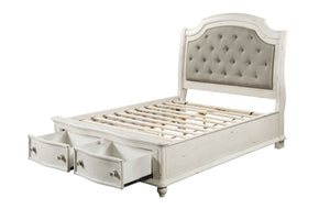 Jaqueline - Queen Bed With Storage - Light Gray Linen & Antique White Finish