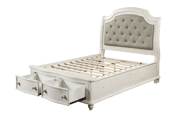 Jaqueline - Queen Bed With Storage - Light Gray Linen & Antique White Finish