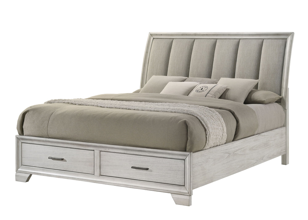 This bedroom set offers a sleek and stylish update to any space, featuring a white mist finish that commands attention while maintaining a sense of warmth and coziness. The bed stands as the stunning centerpiece, with its high, padded headboard upholstere