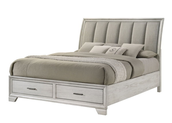 This bedroom set offers a sleek and stylish update to any space, featuring a white mist finish that commands attention while maintaining a sense of warmth and coziness. The bed stands as the stunning centerpiece, with its high, padded headboard upholstere