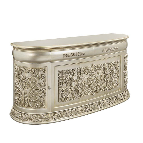 A bed fit for royalty, the Sorina bed brings glam and style to any bedroom in your home. Crafted exquisitely with a tall regal headboard that is accented with button tufts along the center of the headboard. The footboard features the same majestic scrollw