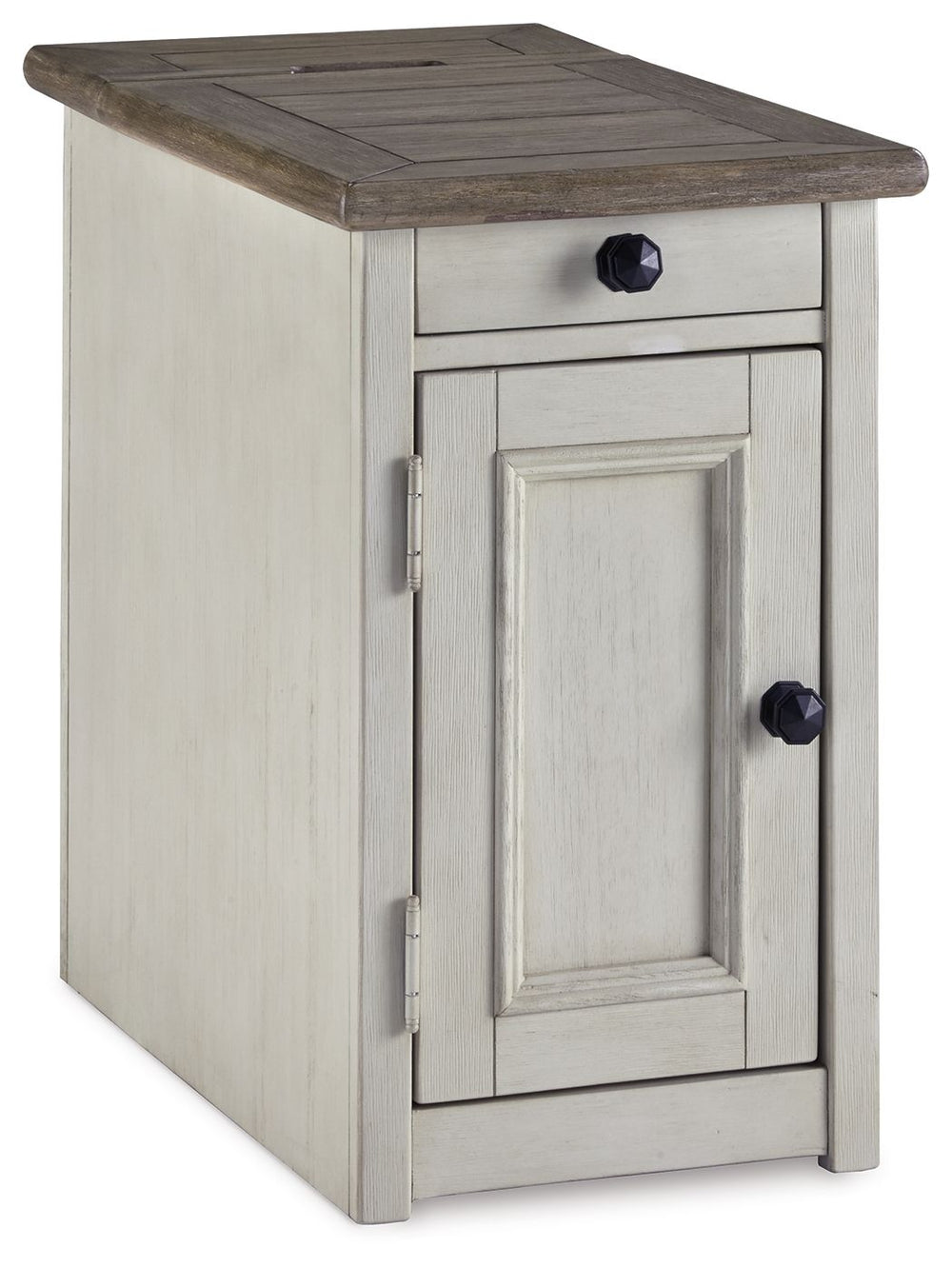 Display and contain your favorite things with this end table. Its textured antique white finish creates a vintage two-tone look, while outlets and USB ports provide functionality. This is a piece you will enjoy for years to come.<br><br><b>Additional Dime