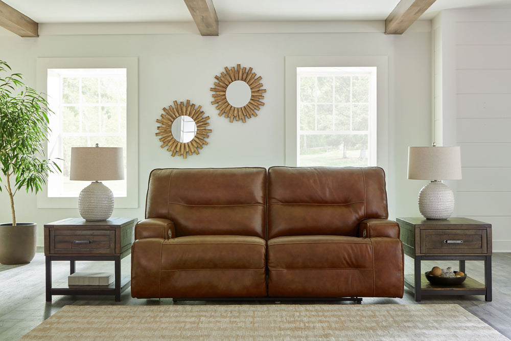 Master statement-making contemporary comfort with this set. It displays a striking yet streamlined profile, with auburn-hued leather match upholstery balancing natural beauty and refined design. An adjustable headrest and USB charging polish off this rich