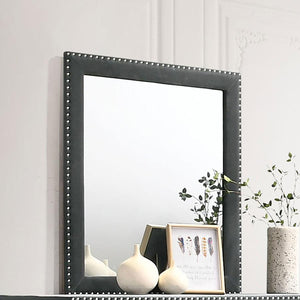  ready to perk up your sleeping space. Its admirable frame is upholstered entirely in gorgeous velvet fabric. Nail head trim surrounds the frame for a sleek and exquisite upgrade. Place this mirror on