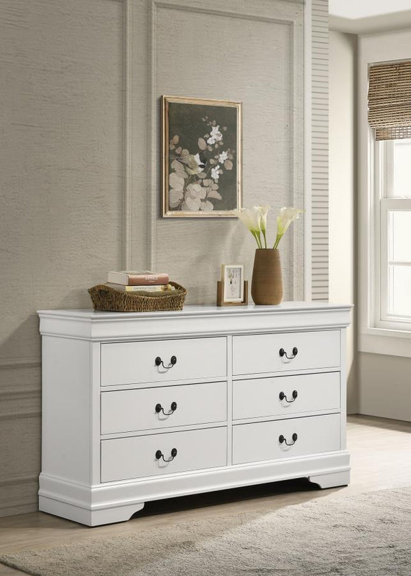  it boasts a crisp white finish with contrasting dark hanging pulls on its drawer fronts. Each drawer delivers smooth performance with a cent