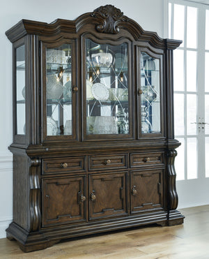  this dining buffet with hutch makes a bold statement. With decorative pilasters
