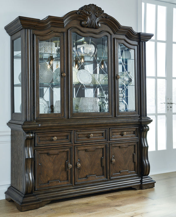  this dining buffet with hutch makes a bold statement. With decorative pilasters
