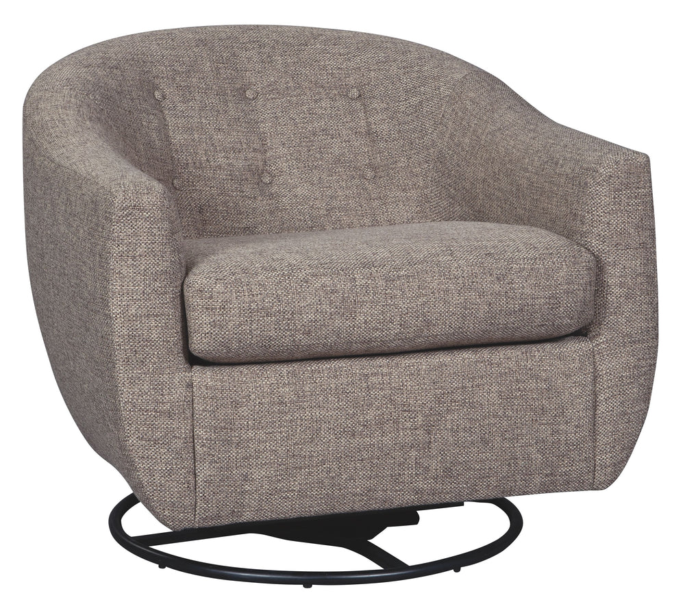 Take a turn for the better with this upscale swivel glider accent chair. Upholstered in a richly woven taupe fabric, this contemporary beauty with tufted barrel back provides a smooth 360-degree swivel thatâ€™s such a nice twist.<br><br><b>Additional Dime