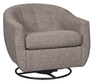 Take a turn for the better with this upscale swivel glider accent chair. Upholstered in a richly woven taupe fabric, this contemporary beauty with tufted barrel back provides a smooth 360-degree swivel thatâ€™s such a nice twist.<br><br><b>Additional Dime