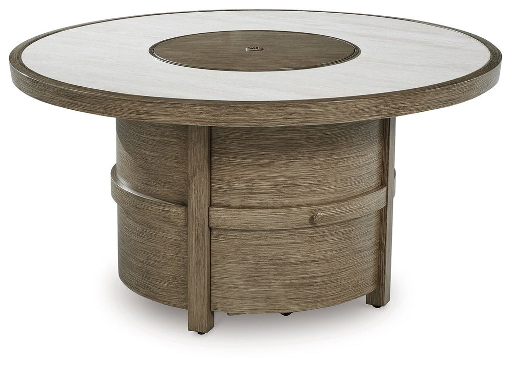 Experience the perfect combination of durability and style with this outdoor fire pit table. An aluminum frame with a wood-look finish maintains a sleek, contemporary aesthetic, while the sintered stone tabletop adds an element of natural elegance. A stai