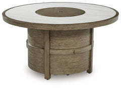 Experience the perfect combination of durability and style with this outdoor fire pit table. An aluminum frame with a wood-look finish maintains a sleek, contemporary aesthetic, while the sintered stone tabletop adds an element of natural elegance. A stai