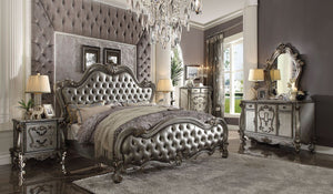 Sleep like royalty with this Versailles II bed set. The bedroom set was inspired by old European design. The bed features carved scrollwork accent with nailhead trim Decor and tufted upholstery on both headboard and footboard. The accent pieces crafted in