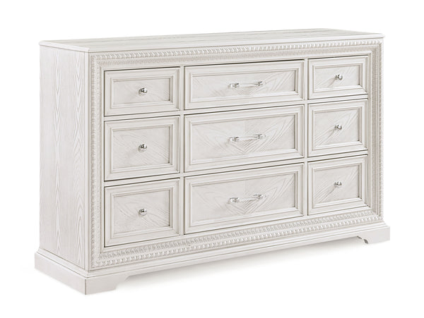 Introducing a bedroom collection that brings a breath of fresh sophistication to any living space. This suite boasts a bright, antique white finish that immediately brightens and opens up a room, providing a versatile foundation for any decor style. The b