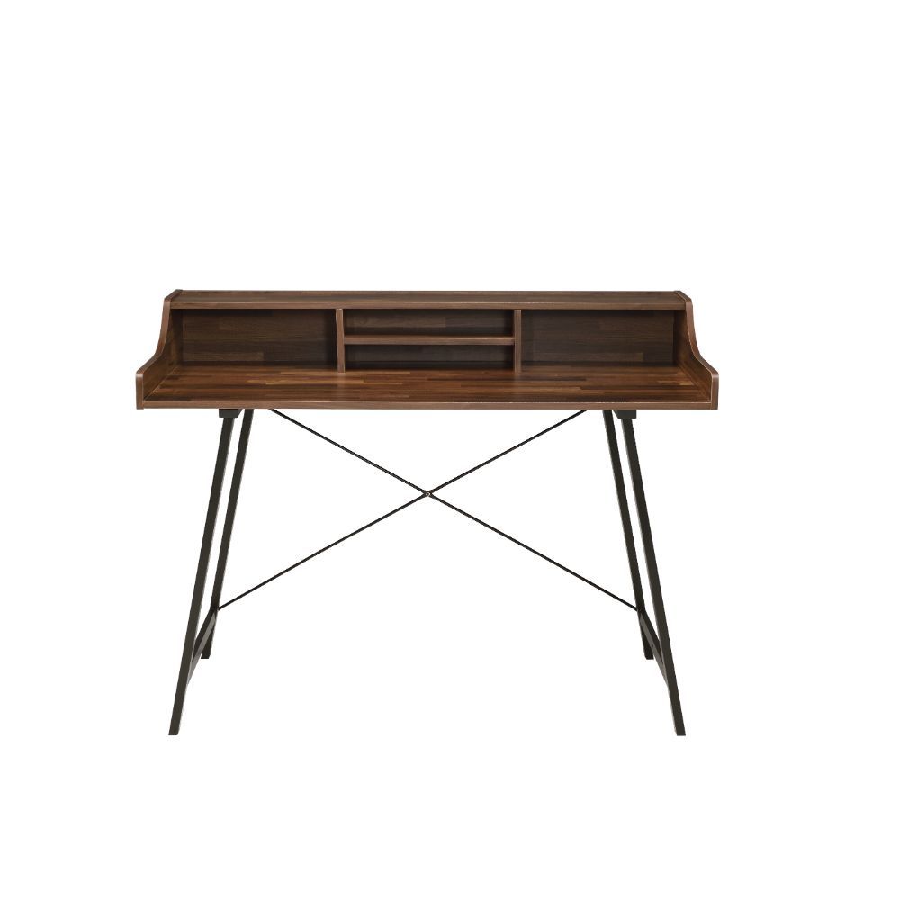 KD, Rectangular Writing Desk â€¢ Storage: 4 Open Comparments â€¢ Wooden Top â€¢ Metal Sawhorse Base with Splayed Leg (Open Base) â€¢â€¢ CONSTRUCTION] Wooden Top: Walnut Finish, Paper Veneer+15mm PB â€¢ Metal BASE: Sandy Black Finish, Metal Square Tube â€¢