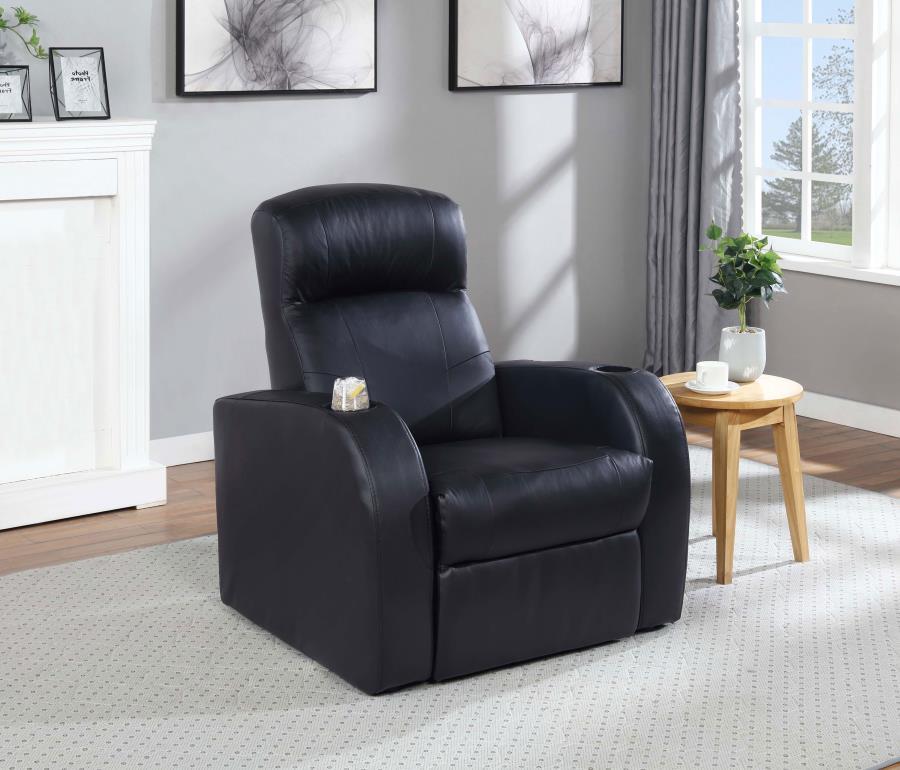 Sophisticated and modern, this sleek black recliner is perfect for a home theater. Designed with comfort in mind, the seat features a high back cushions and low arms. The rounded edges bring a soft feel to the sleek lines. Build a set of side by side recl